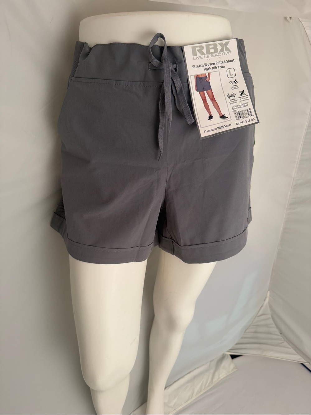 RBX platinum gray stretch woven cuffed shorts with ribbed trim L